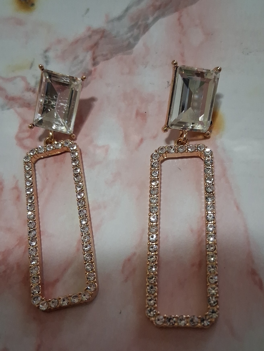 Source Unknown Gold and Clear Rectangle Crystal Dangle Earrings